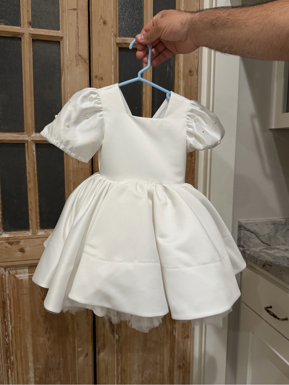 White Pearl-Trim Puff Sleeve Flower Girl Dress